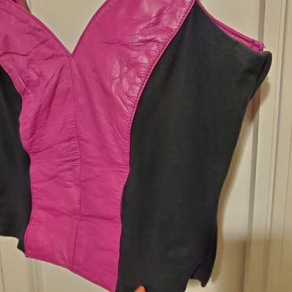 VTG Retro Chia Fuschia Stretchy Leather Crop Top Large - Picture 4 of 11